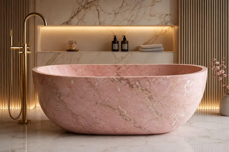 Pink Marble Freestanding Bathtub, Luxury Stone Soaking Tub, Natural Stone Bath Tub, Handmade Marble Bathtub, Modern Bathroom Decor