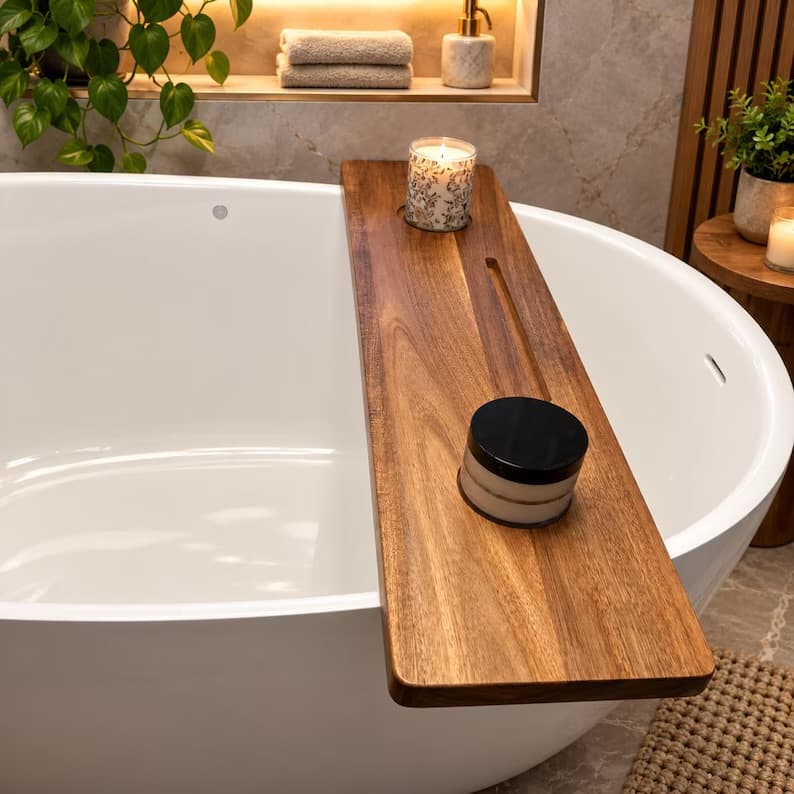 Acacia Wood Bathtub Tray, Luxury Wooden Bath Caddy for Freestanding Tub