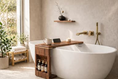 Luxury Handcrafted Walnut Bathtub Tray, Sliding Bath Table, Tub Caddy with Storage Shelf, Protective Non-Slip Pads, Sanctuary Decore