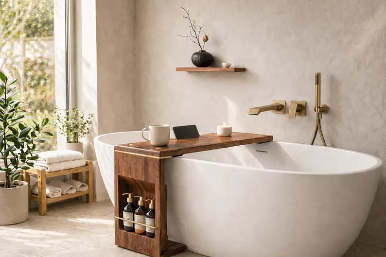 Luxury Handcrafted Walnut Bathtub Tray, Sliding Bath Table, Tub Caddy with Storage Shelf, Protective Non-Slip Pads, Sanctuary Decore